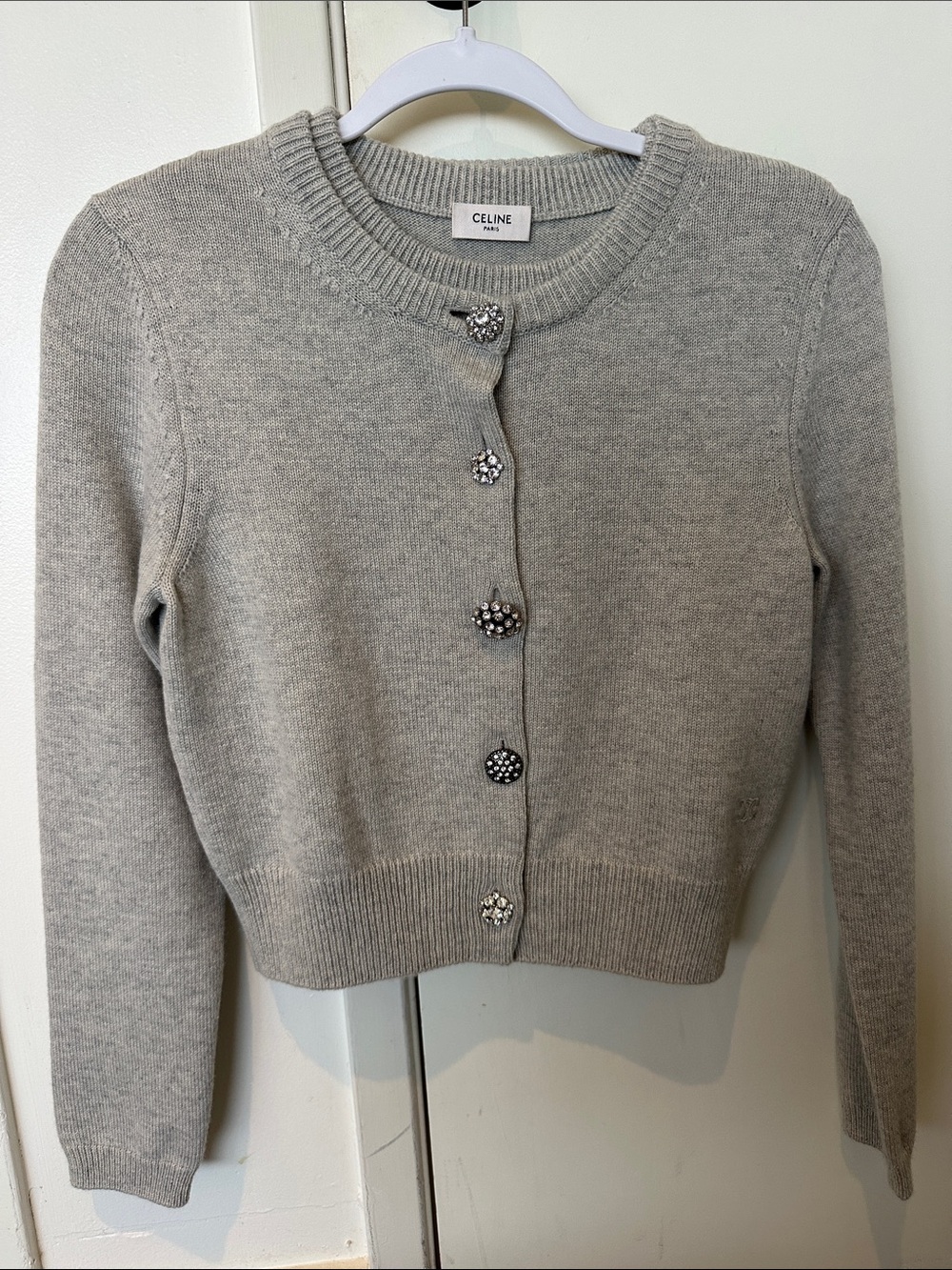 Celine Light Gray Jeweled-Button Cashmere Blend Cardigan sets size:S